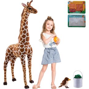47" Large Giraffe Stuffed Animal Set, Giant Giraffe Plush Toys with Birds, Leaves, Basket, Tall Giraffe Toy Standing Lifelike, Gift for Kids Nursery Baby Shower Party in Kuwait