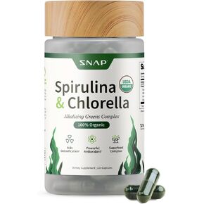 Snap Supplements - USDA Organic Chlorella Spirulina Capsules | Green Superfoods for Heart Support, Natural Energy & Glucose Control | Plant Vitamins & Powerful Antioxidants | 120 Capsules in Kuwait