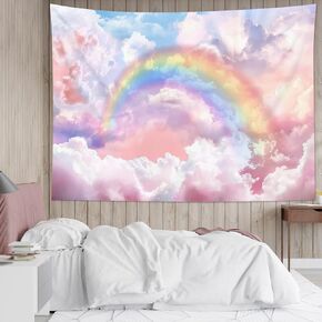 HVEST Rainbow Cloud Tapestry Wall Hanging, Rainbow and Pink Cloud with Glow Sunshine in Pastel Sky Tapestry, Aesthetic Nature Landscape Tapestry for Living Room Bedroom Aesthetic Decor, 36L x 48W in Kuwait