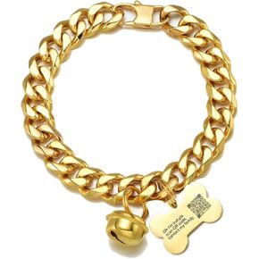 18K Gold Cat Dog Custom Collar Kitten Puppy Wide Stainless Steel Kitten Choker Curb Adjustable Chew Proof Cuban Link 1/2inch Chain with Gold Bone tag Bell Personalized Qrcode Tag in Kuwait