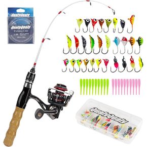 QualyQualy Ice Fishing Rod Reel Combo Complete Set Ice Fishing Gear with Backpack Seat Ice Cleats Ice Fishing Jigs Line Full Ice Fishing Kit 24" 26" in Kuwait