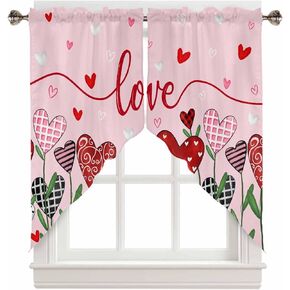 Valentine's Day Swag Curtain Valance for Kitchen Windows, Pink Romantic Love Pattern Rod Pocket Window Treatment Curtains, Bedroom Tier Small Curtains 28"x36"x2 Panels Set in Kuwait