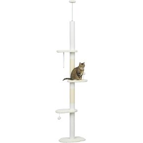 PawHut Floor to Ceiling Cat Tree with Scratching Posts, 88.5"-100.5" Adjustable Height, Cat Climbing Tower with Cloud Shape Platforms, Toy Balls, Anti-toppling Device, White in Kuwait