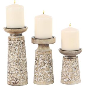 Deco 79 Mango Wood Floral Handmade Vine Decorative Candle Holder with Whitewashed Cream Backing, Set of 3 Candlestick Holder 18", 15", 11"H, Brown in Kuwait