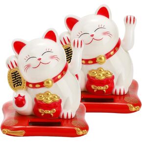 Youeon 2 Pack Small Solar Waving Cat, Japanese Maneki Neko, Cute White Beckoning Cat Welcoming Cat, Feng Shui Lucky Cats as Good Luck Decor for Home, Office, Car, Stores, Restaurants in Kuwait