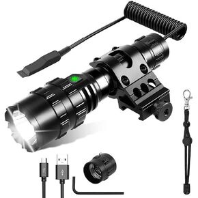 GRABOYY Tactical Flashlight with Rail Mount, Rechargeable 100000 Lumen LED Flashlight, Super Bright Torch Light 5 Modes Waterproof Weapon Light Pressure Switch Include for Hunting in Kuwait