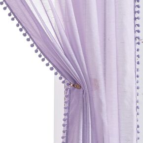Treatmentex Pom-Pom Sheer Curtains for Girl's Bedroom 84 inches Long Voile Curtain Panels Rod Pocket Lilac 52" w x 2pc in Kuwait