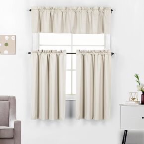 Diamond Home Linens 3 Piece 100% Blackout Lined Thermal Kitchen Window Treatment Curtain Tiers and Valance Set (36" Tiers & 14" Valance, Beige) in Kuwait