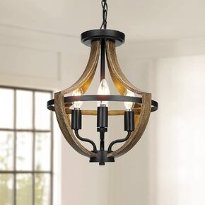 17.7" Modern Farmhouse Geometric Chandelier Light Fixture, 5-Light Adjustable Height Rustic Hanging Pendant Lighting for Dining Room Foyer Kitchen Island, ‎Retro Wood Texture and Black Finish in Kuwait