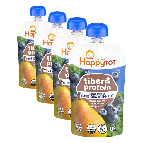 Happy Tot Organics Stage 4 Baby Food Pouches, Gluten Free, Vegan Snack, Fiber & Protein Fruit & Veggie Puree, Pears, Raspberries, Butternut Squash & Carrots, 4 Ounce (Pack of 8) in Kuwait