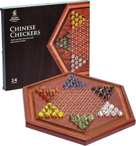 Yellow Mountain Imports Wooden Chinese Checkers Halma Board Game Set (12-Inch) with Storage Drawer and 60 Colored Glass Marbles (14mm) - Classic Strategy Game in Kuwait