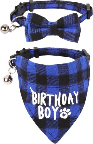 ADOGGYGO Birthday Cat Collars Breakaway with Bells, 2 Pack Cat Birthday Collar with Removable Bandana, Adjustable Plaid Cat Bandana Collar for Kittens Cats (Birthday) in Kuwait