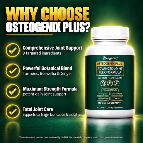 Wellgenix Osteogenix Plus - تركيبة مرنة متقدمة للمفاصل - صحة المفاصل في أي عمر - مع الكولاجين II، الجلوكوزامين، الكوندرويتين، MSM، وHLA - دعم التشحيم والألم (90 قيراط) 2 عبوة in Kuwait