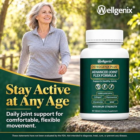 Wellgenix Osteogenix Plus - تركيبة مرنة متقدمة للمفاصل - صحة المفاصل في أي عمر - مع الكولاجين II، الجلوكوزامين، الكوندرويتين، MSM، وHLA - دعم التشحيم والألم (90 قيراط) 2 عبوة in Kuwait