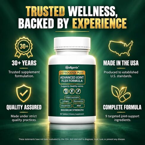 Wellgenix Osteogenix Plus - تركيبة مرنة متقدمة للمفاصل - صحة المفاصل في أي عمر - مع الكولاجين II، الجلوكوزامين، الكوندرويتين، MSM، وHLA - دعم التشحيم والألم (90 قيراط) 2 عبوة in Kuwait