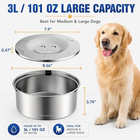 MewDgland Dog Water Bowl, 3L Large no Spill Dog Bowls, Stainless Steel Water Bowl Dispenser Spilling Proof for Dogs, 101 oz Non-Skid Pet Water Feeder, No Messy Drip, Slow Drink Pet Water Bowl in Kuwait