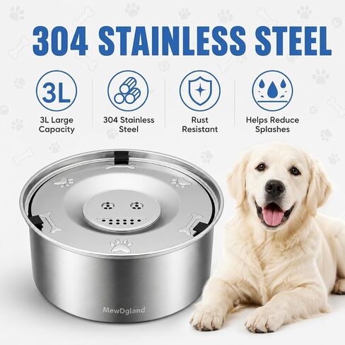 MewDgland Dog Water Bowl, 3L Large no Spill Dog Bowls, Stainless Steel Water Bowl Dispenser Spilling Proof for Dogs, 101 oz Non-Skid Pet Water Feeder, No Messy Drip, Slow Drink Pet Water Bowl in Kuwait