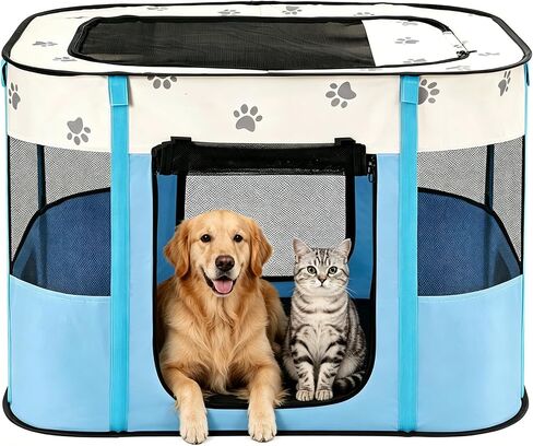 Avont Portable Dog Cat Playpen, Foldable Pop Up Pet Play Pen Travel Crate with Floor and Mesh Door Top for Indoor Outdoor Collapsible Tent Cage -M, Orange in Kuwait
