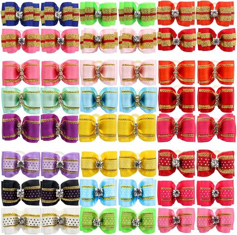 48PCS / 24 Pairs Adorable Grosgrain Ribbon Pet Dog Hair Bows with Rubber Bands - Puppy Topknot Cat Kitty Doggy Grooming Hair Accessories Bow Knots Headdress Flowers Set for Groomer in Kuwait