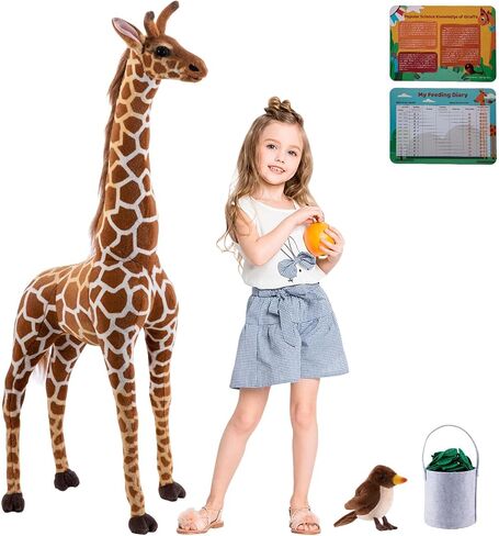 47" Large Giraffe Stuffed Animal Set, Giant Giraffe Plush Toys with Birds, Leaves, Basket, Tall Giraffe Toy Standing Lifelike, Gift for Kids Nursery Baby Shower Party in Kuwait