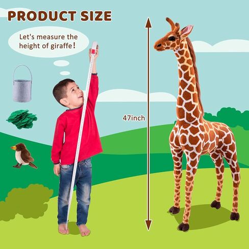 47" Large Giraffe Stuffed Animal Set, Giant Giraffe Plush Toys with Birds, Leaves, Basket, Tall Giraffe Toy Standing Lifelike, Gift for Kids Nursery Baby Shower Party in Kuwait