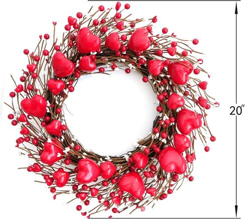Idyllic 18 Inch Heart-Shaped Berries Valentines Day Front Door Wreath, Red Heart Wreath for Wedding and Holiday Home Decor, Farmhouse Valentines Day Spring Wreath in Kuwait
