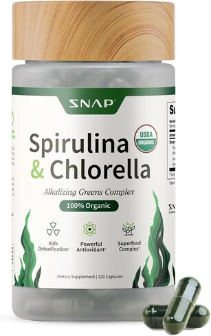 Snap Supplements - USDA Organic Chlorella Spirulina Capsules | Green Superfoods for Heart Support, Natural Energy & Glucose Control | Plant Vitamins & Powerful Antioxidants | 120 Capsules in Kuwait