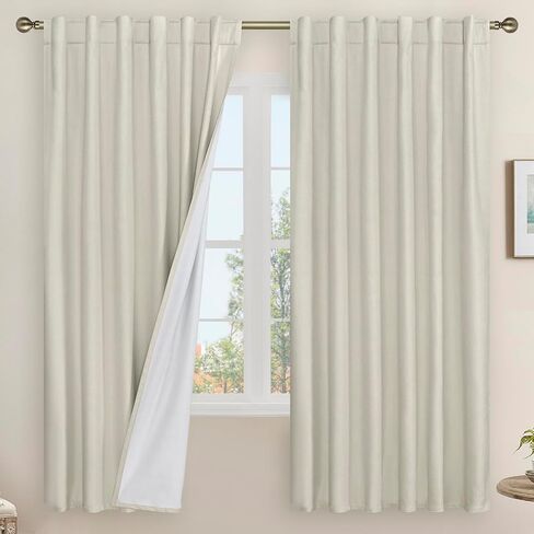 LAMIT 100% Blackout Short Linen Curtains for Cafe, 40 Inch Length Linen Textured Thermal Curtains Back Tab and Rod Pocket Neutral Panels with White Liner for Kitchen, 2 Panels, 34 x 40 Inch, Ivory in Kuwait