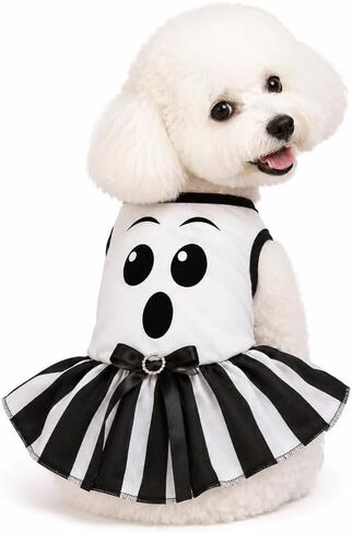 فستان Petitebella Cute Ghost Face Puppy Dog (أبيض/مخطط، مقاس متوسط) in Kuwait