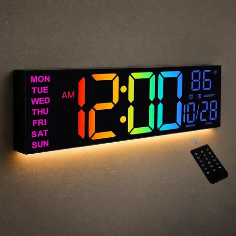 HAITANG 8 Colors Digital Wall Clock, 16.2" Large Digital Clock with Temperature, Date, Auto DST, Night Light, Auto Brightness Dimmer, 24/12-hour Wall Clock for Living Room Office Classroom Gym in Kuwait