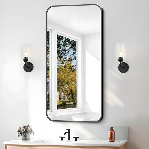 BONEWEI 36x40 inch Bathroom Mirror,Black Rectangle Mirror,Wall Mounted Bathroom Frame Vanity Mirror with Round Corner for Bedroom Living Room,Entryway Hangs Horizontal or Vertical in Kuwait