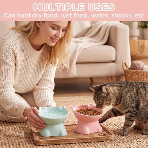 Yaomiao 2 Pcs Plastic Elevated Cat Bowls Tilted Cat Food Bowls, Raised Cat Water Bowl Cat Elevated Bowls Kitten Supplies Cat Accessories for Food and Water Feeding Cat Kitten Small Pet, Pink and Green in Kuwait