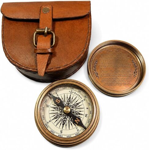 Authentic Vintage Style Brass Pocket Compass with Leather Case Rustic Vintage Home Decor Gifts in Kuwait