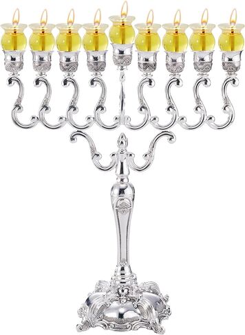 Extra Large Silver Plated Oil Menorah - Fits Standard Chanukah Oil Cups and Large Candles - Olive Branches - 21.5" High - by Ner Mitzvah in Kuwait