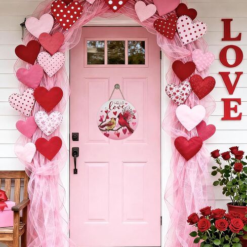 Bolisom Hello Valentine's Day Black Cat Front Door Sign, Kitty Love Heart Pink Wood Door Hanger Outdoor Outside Porch Decor, Anniversary Wedding Wooden Wreath Indoor Wall Hanging Decoration in Kuwait