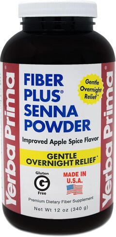 Yerba Prima Fiber Plus Senna Powder, 12 oz (Pack of 1) - Apple Spice Flavor, Gentle Overnight Relief, USA Made, Non-GMO, Certified Gluten-Free, Stevia Sweetened, Short-Term Use to Restore Regularity in Kuwait