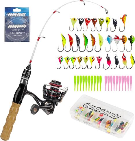 QualyQualy Ice Fishing Rod Reel Combo Complete Set Ice Fishing Gear with Backpack Seat Ice Cleats Ice Fishing Jigs Line Full Ice Fishing Kit 24" 26" in Kuwait