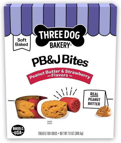 لدغات PB&J المخبوزة الناعمة من Three Dog Bakery، نكهة زبدة الفول السوداني والفراولة، مكافآت ممتازة للكلاب، صندوق 13 أونصة، بني (320035) in Kuwait