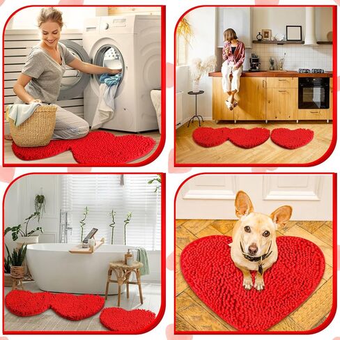 Tinideya 2 Pcs Valentine's Day Heart Red Bathroom Rugs Heart Shaped Rug Chenille Floor Love Non Slip Bath Mat Shag Indoor Outdoor Doormats Entrance Welcome Carpet, 31.5 x 16 Inch, 16 x 16 Inch, Red in Kuwait