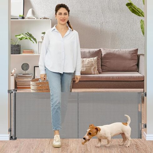 24 Inches Tall Retractable Dog Gate for The House, Short Dog Gates to Step Over, Extends up to 55" Wide, Reinforced Mesh Baby Gate for Doorways, Step Over Pet Gate for Stairs, Indoor/Outdoor (Grey) in Kuwait