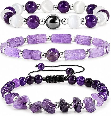 Long tiantian 3Pcs Moonstone Amethyst Healthy Slimming Bracelets Teen Girl Gifts Trendy Stuff Crystal Healing Natural Stones Bracelets for Women Stress Relief Anxiety Energy Bracelets Gifts in Kuwait