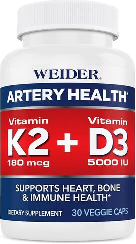 Weider Artery Health for Heart, Immune and Bone Support with Vitamin K2 (180mcg) & Vitamin D3 (5000iu), 30 Veggie Capsules in Kuwait