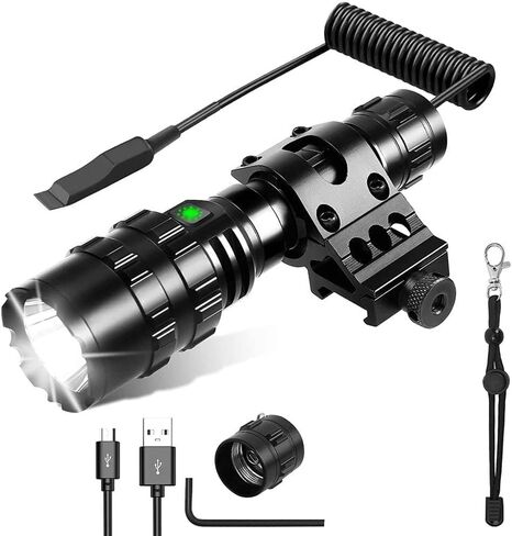 GRABOYY Tactical Flashlight with Rail Mount, Rechargeable 100000 Lumen LED Flashlight, Super Bright Torch Light 5 Modes Waterproof Weapon Light Pressure Switch Include for Hunting in Kuwait