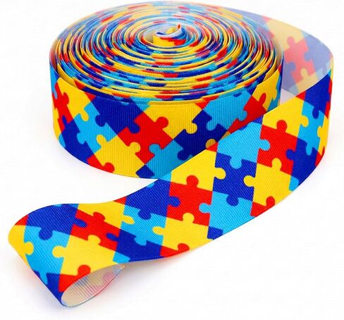 Autism Awareness Puzzle Single Face Printed 3/8 Inch White Grosgrain Ribbon -25 Yards/roll - 9MM - Hair Craft Supplies in Kuwait