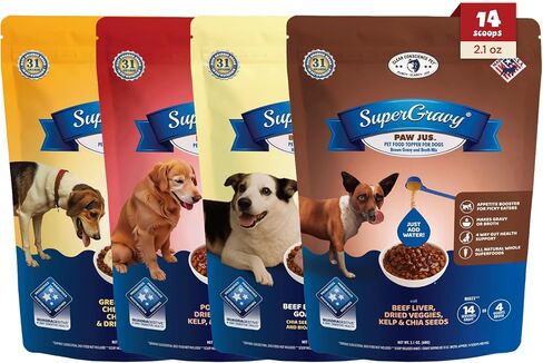 عبوة مكونة من أربع قطع من المرق الفائق من Clear Conscience Pet SuperGravy - طبقة علوية من مرق طعام الكلاب الطبيعي - مزيج طعام مرق الترطيب - أكياس مغرفة من الدرجة البشرية 14، 56 مغرفة، 01107 in Kuwait