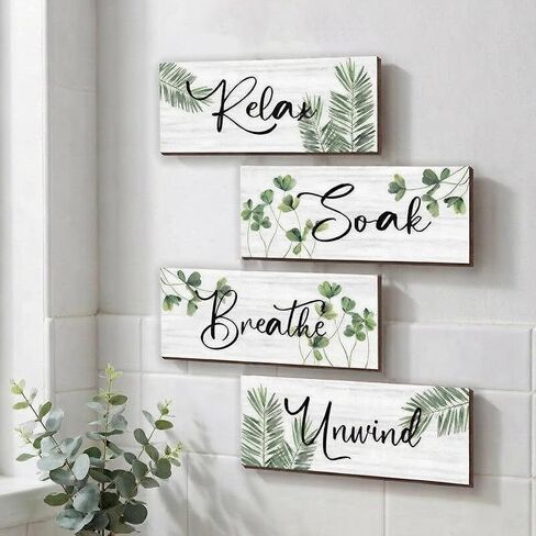 4 Pcs Boho Bathroom Decor Boho Wall Decor with Relax Soak Unwind Breathe Relaxing Quotes Bohemian Wooden Hanging Wall Art Farmhouse Abstract Decoration for Bedroom Living Room Office (Boho 10X4 Inch) in Kuwait