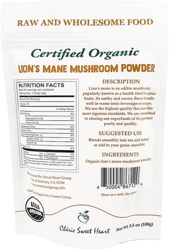 Cherie Sweet Heart Organic Mushroom Powder, Lion's Mane, 50 Servings, 3.5 Ounce, 100 Gram in Kuwait