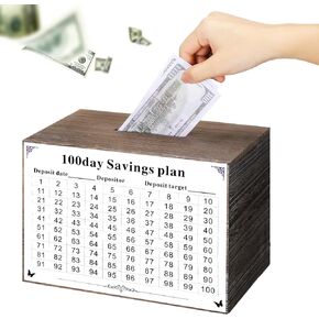 Tioncy Big Piggy Bank for Adults Kids 9.84 x 5.9 x 7.08'' Money Bank Wooden Money Saving Box for Cash Saving Money Saving Jar for Honeymoon Birthday Car Fund, Must Break to Open(100 Days)