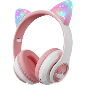 Cat Ear Kids Headphones Wireless, LED Light up Bluetooth Headphones with Microphone for Toddler/Teenagers/Adult (Pink)