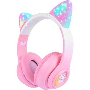 سماعات رأس SUMERBEE Cat Ear للأطفال لاسلكية، سماعات رأس بلوتوث مزودة بإضاءة LED مع ميكروفون للأطفال الصغار/المراهقين/البالغين (أرجواني برو)